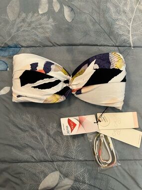 NWTS Calia Strapless Floral Twist Bandeau Swim Top - White w/Navy & Yellow  Sz S